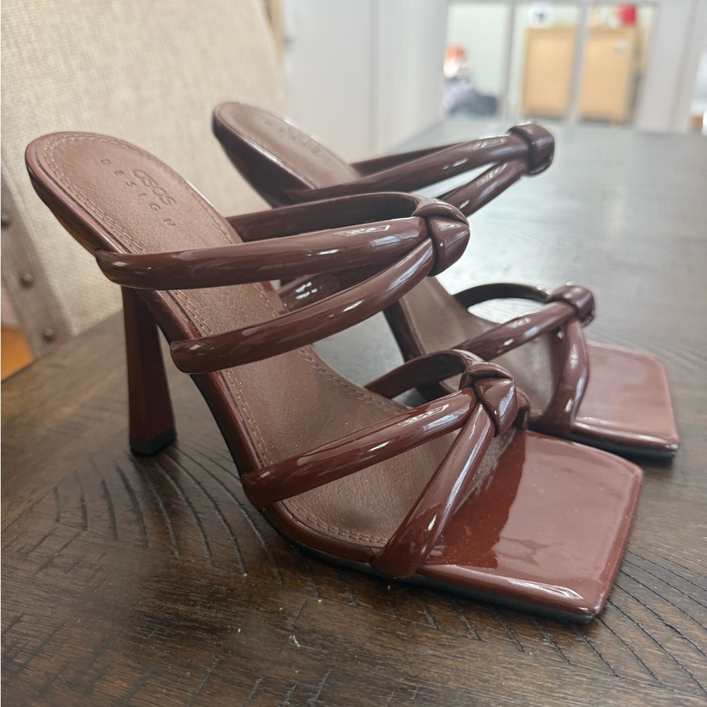 ASOS Brown Patent Knotted Strap Stiletto Mules